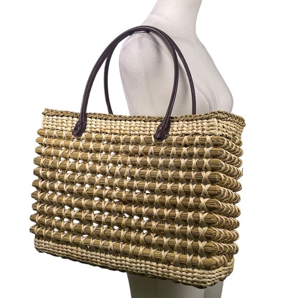 Braided Straw Women’s Beige Tote Bag With Dark Brown Handles Open Weave Style - Picture 9 of 11